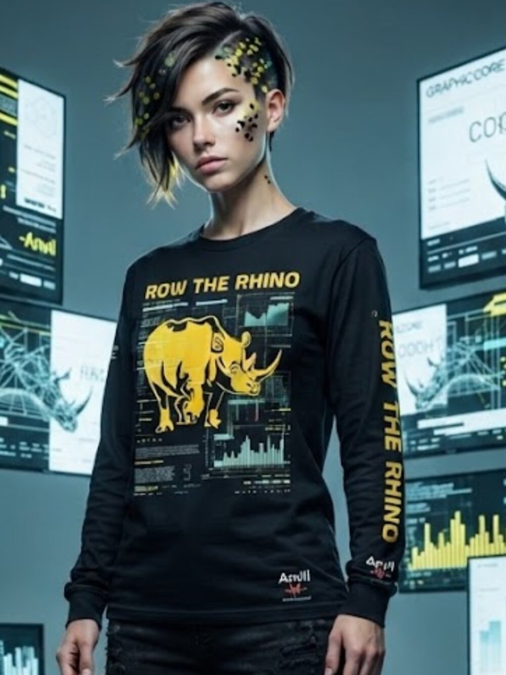 Anvil Row The Rhino Black Yellow Graphic Long Sleeve Cotton T-Shirt Size M